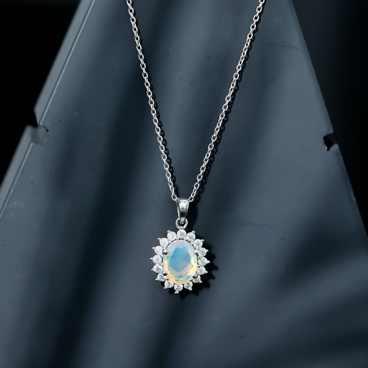 Real 1.9 Carat Ethiopian Opal Halo Necklace With Silver Chain