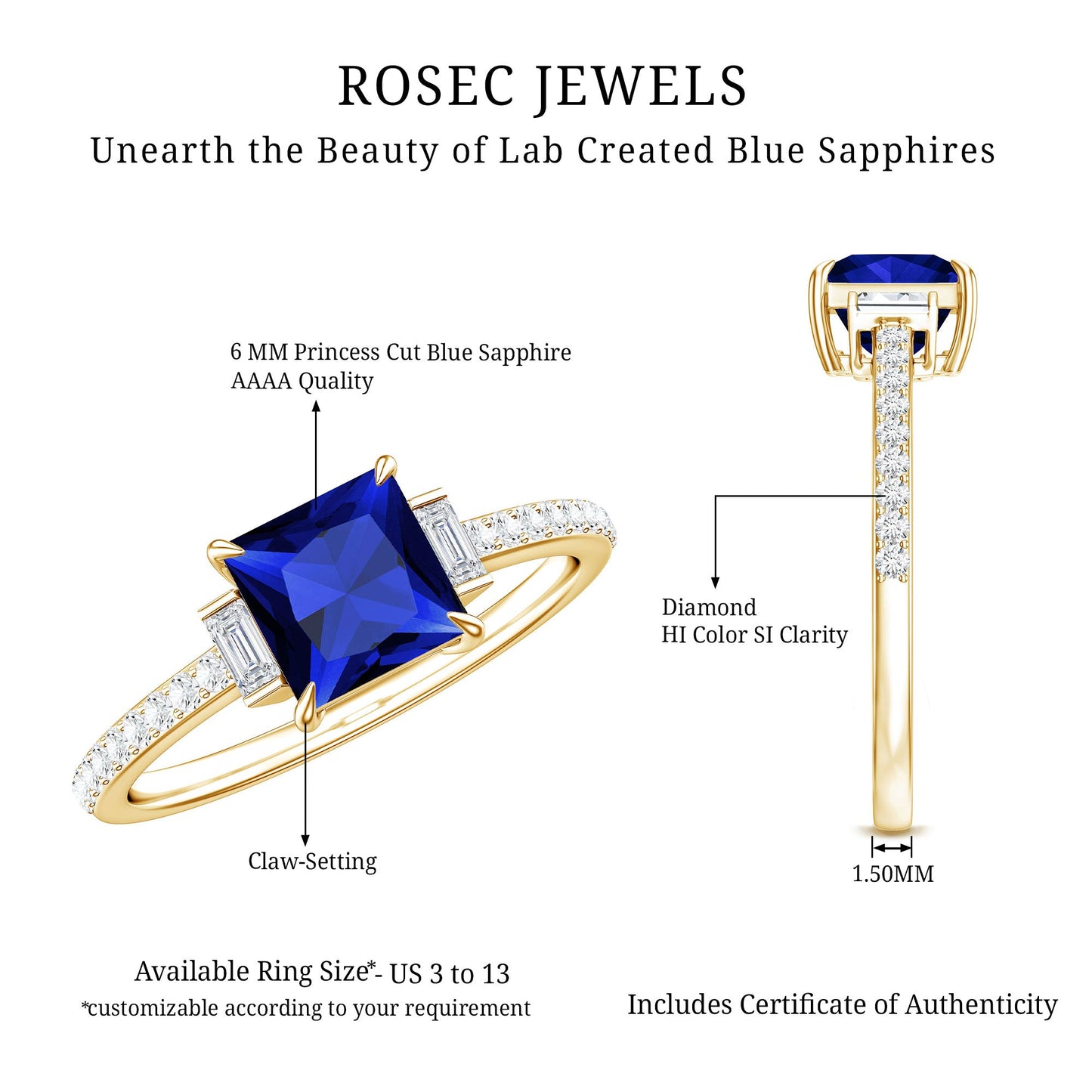Princess Cut Created Blue Sapphire Solitaire Engagement Ring With Moissanite
