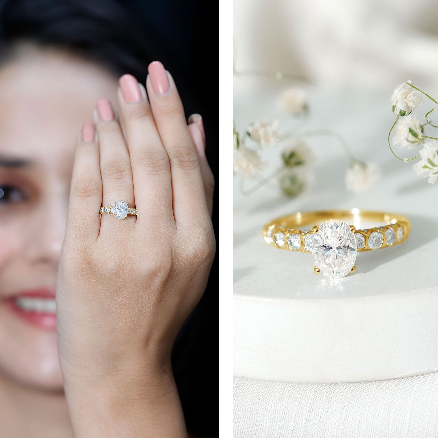 Oval Moissanite Solitaire Engagement Ring with Side Stones