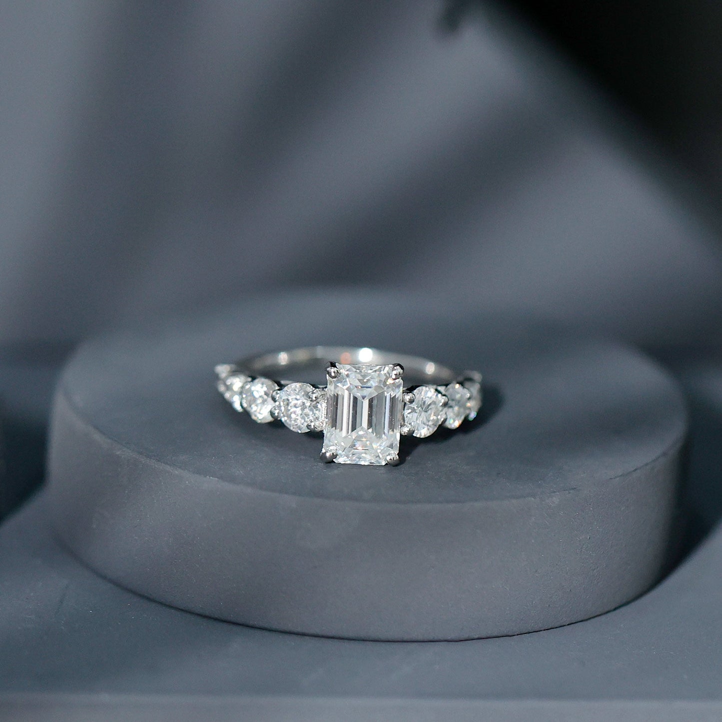 1.8 Carat Emerald Cut Moissanite Side Stone Engagement Ring with Certificate