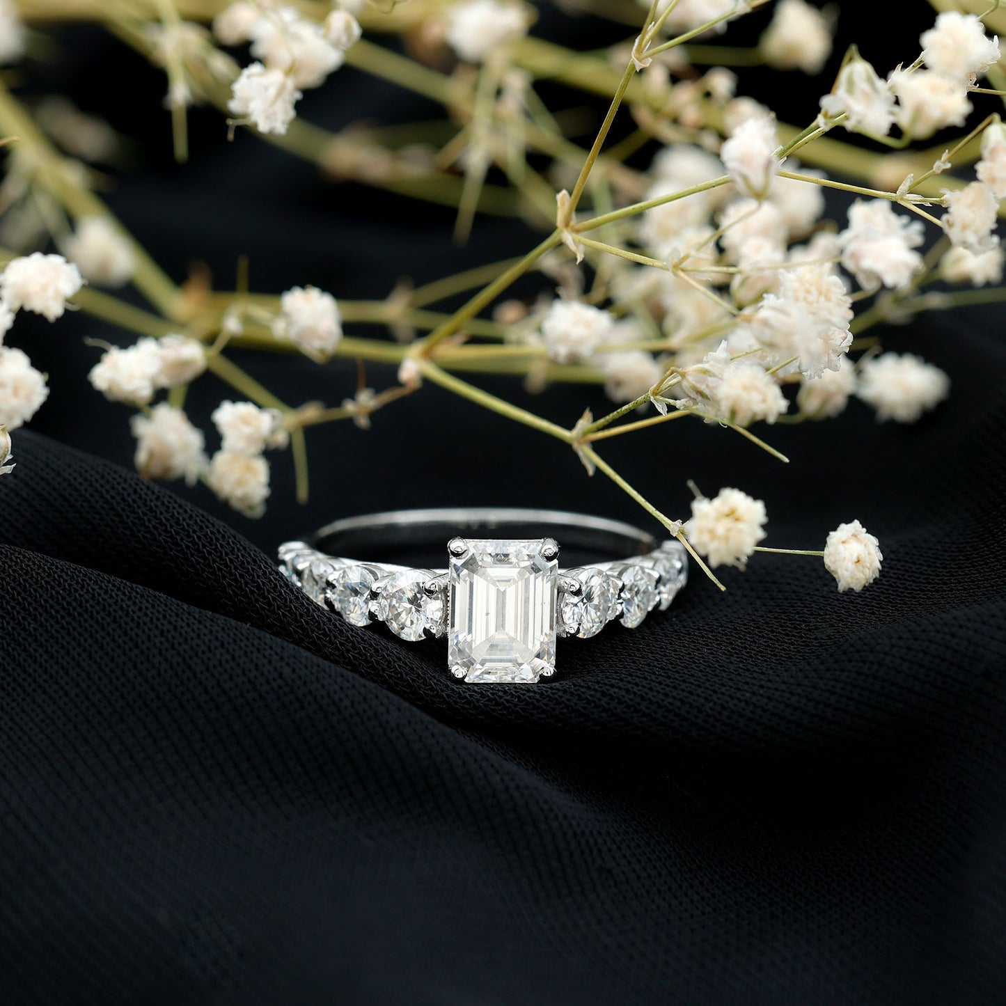 1.8 Carat Emerald Cut Moissanite Side Stone Engagement Ring with Certificate