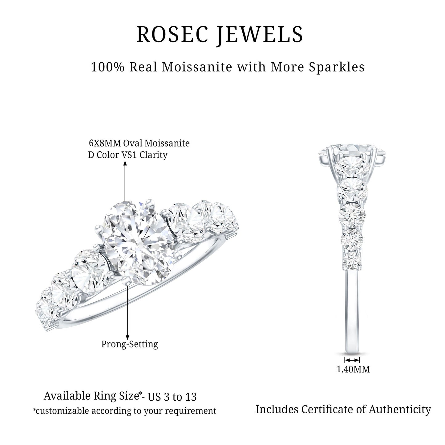 1.2 Carat Oval Cut Moissanite Side Stone Engagement Ring
