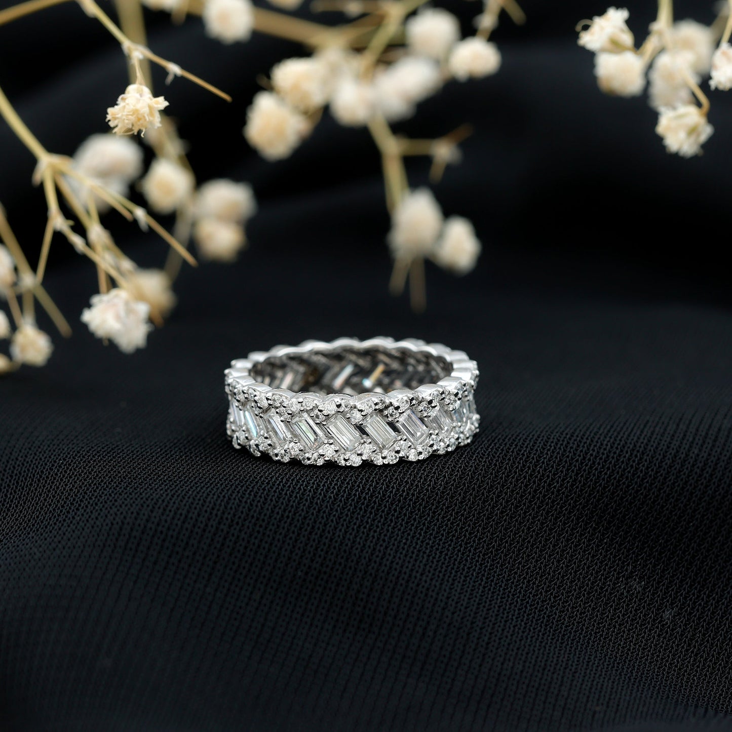 Baguette and Round Moissanite Braided Wedding Band