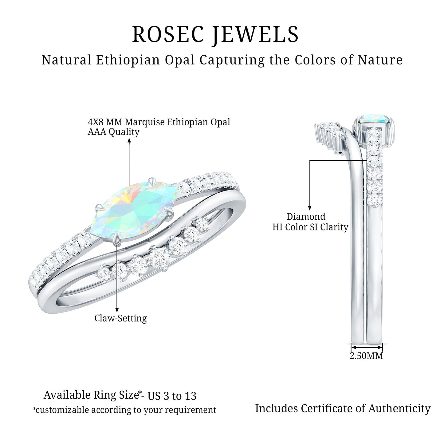 Natural Ethiopian Rainbow Opal Diamond East West Engagement Ring Wedding Band Set