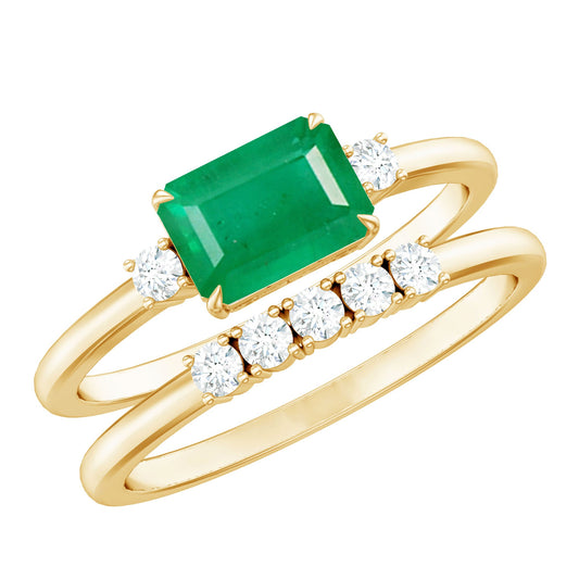 Natural Emerald Cut Emerald Diamond East West Engagement Ring and Wedding Band Set