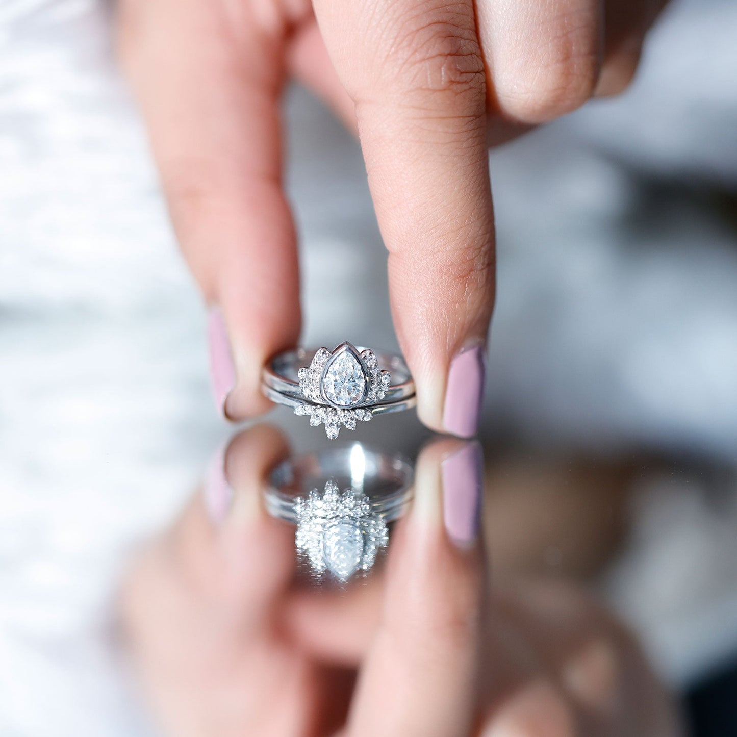 Certified Moissanite Lotus Flower Bridal Ring Set
