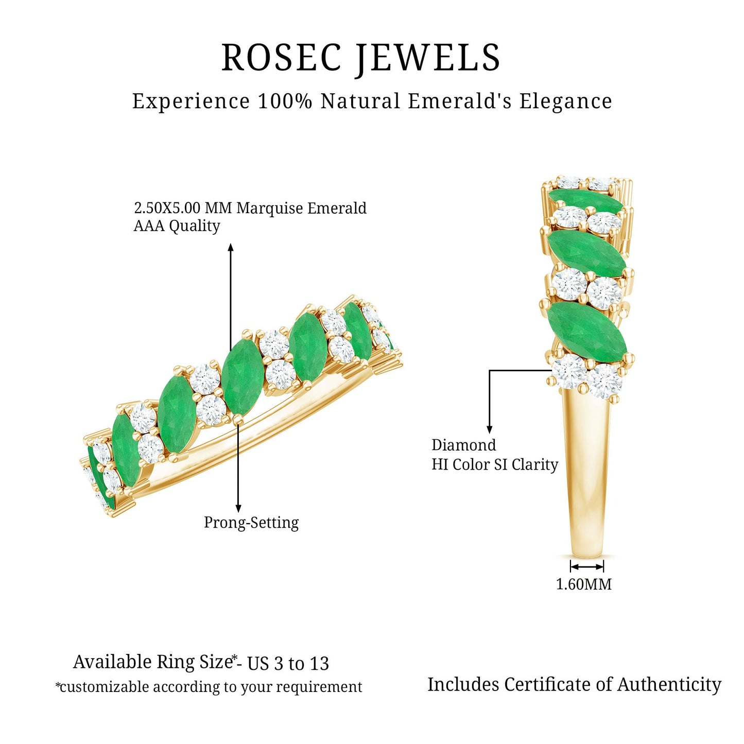 Natural Emerald Diamond Half Eternity Band Ring for Anniversary