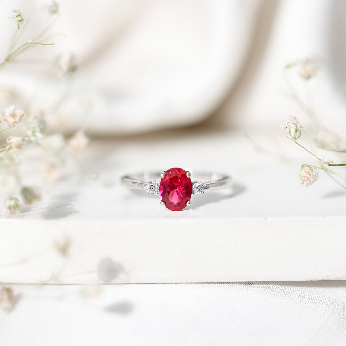 Classic Lab Grown Ruby Oval Engagement Ring With Diamond