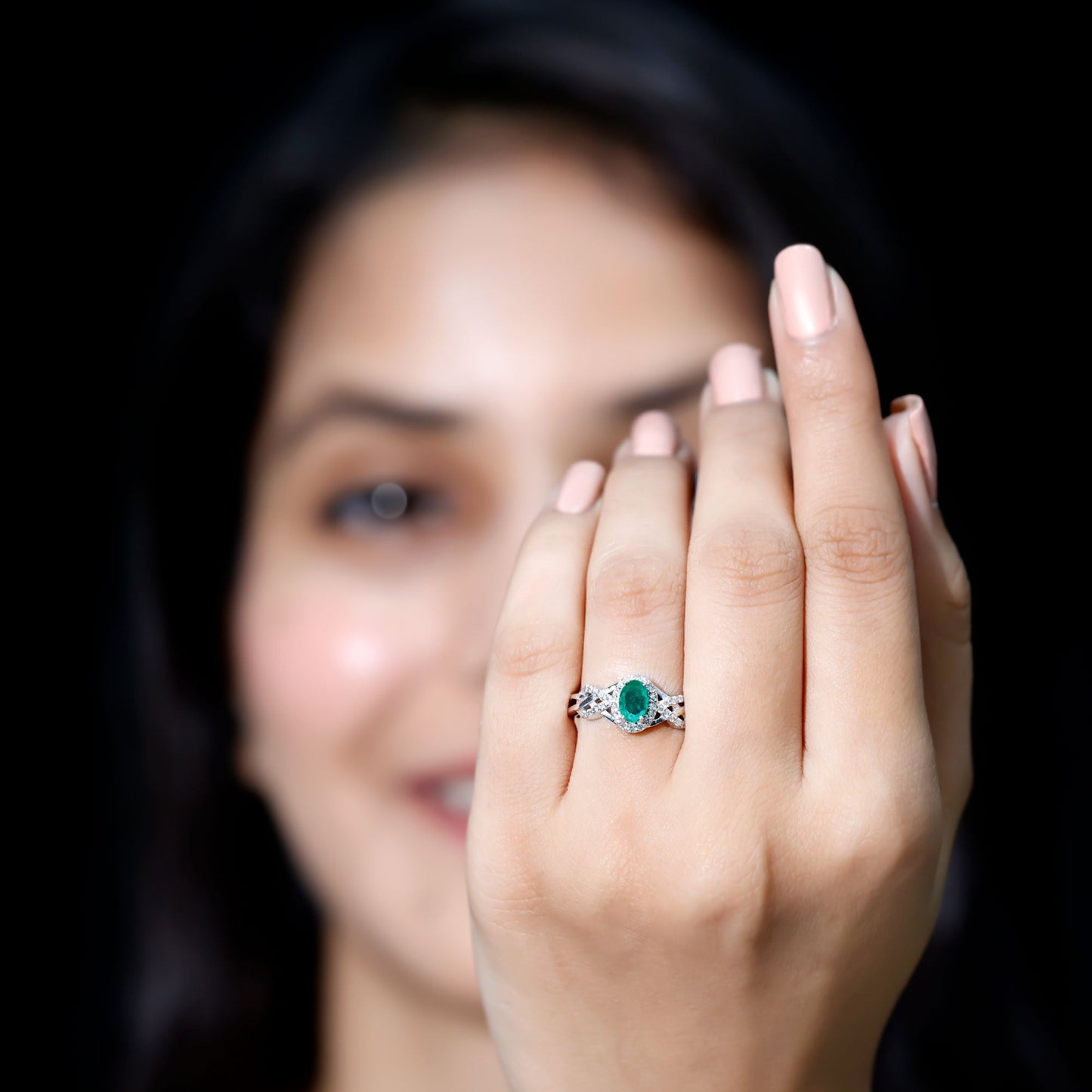 Designer Emerald Oval Engagement Ring with Diamond Halo