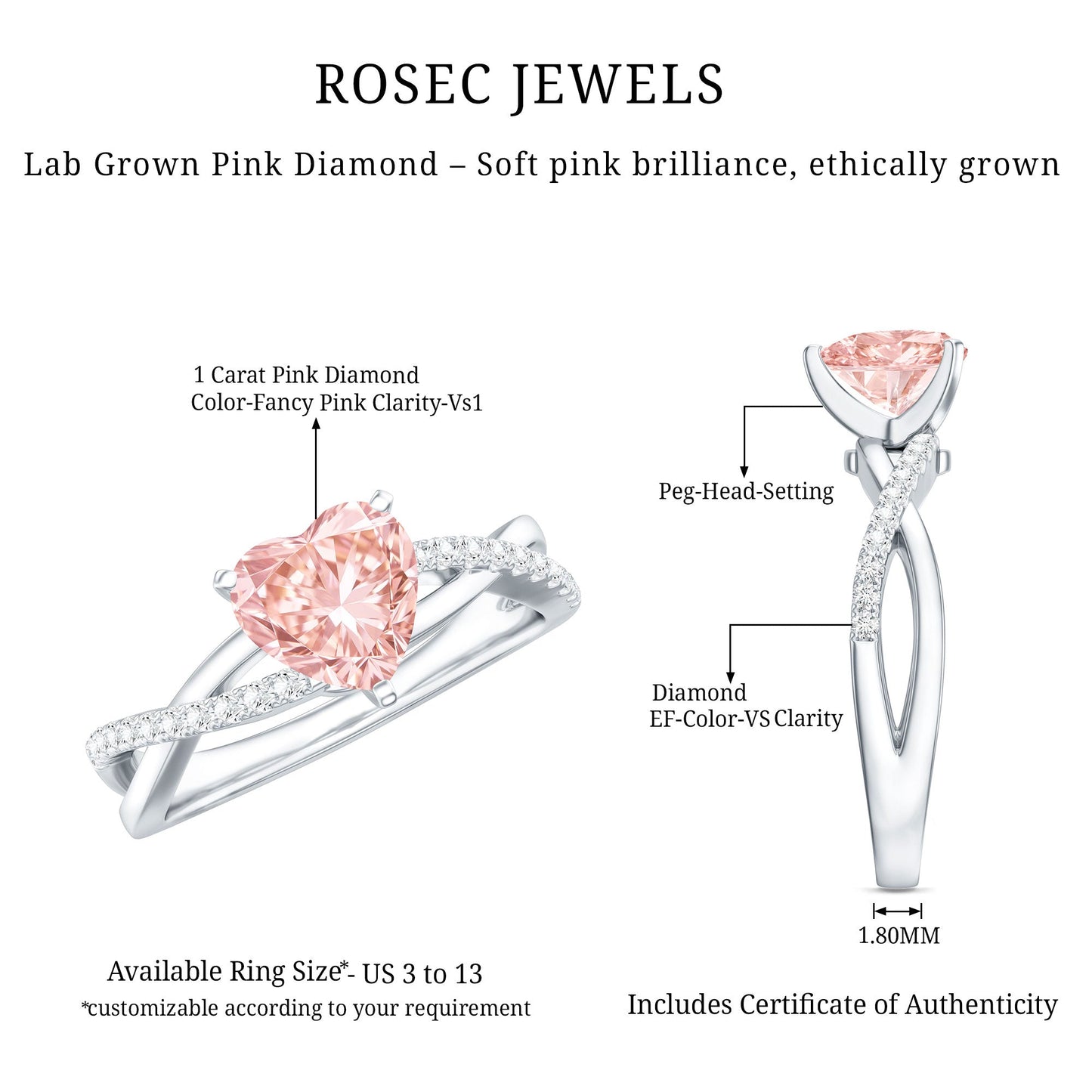 IGI Certified 1 CT Solitaire Lab Grown Pink Diamond Heart Engagement Ring