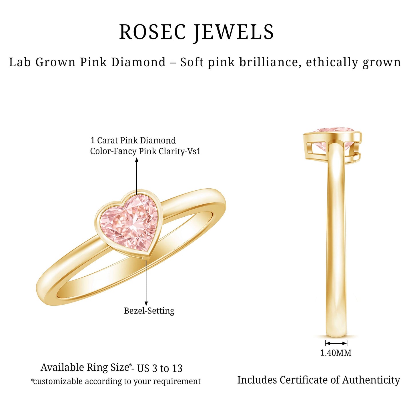 Bezel Set Lab Grown Pink Diamond Solitaire Promise Ring with IGI Certificate