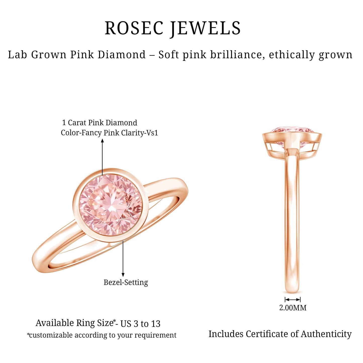 1 CT Lab Grown Pink Diamond Bezel Set Engagement Ring with IGI Certificate