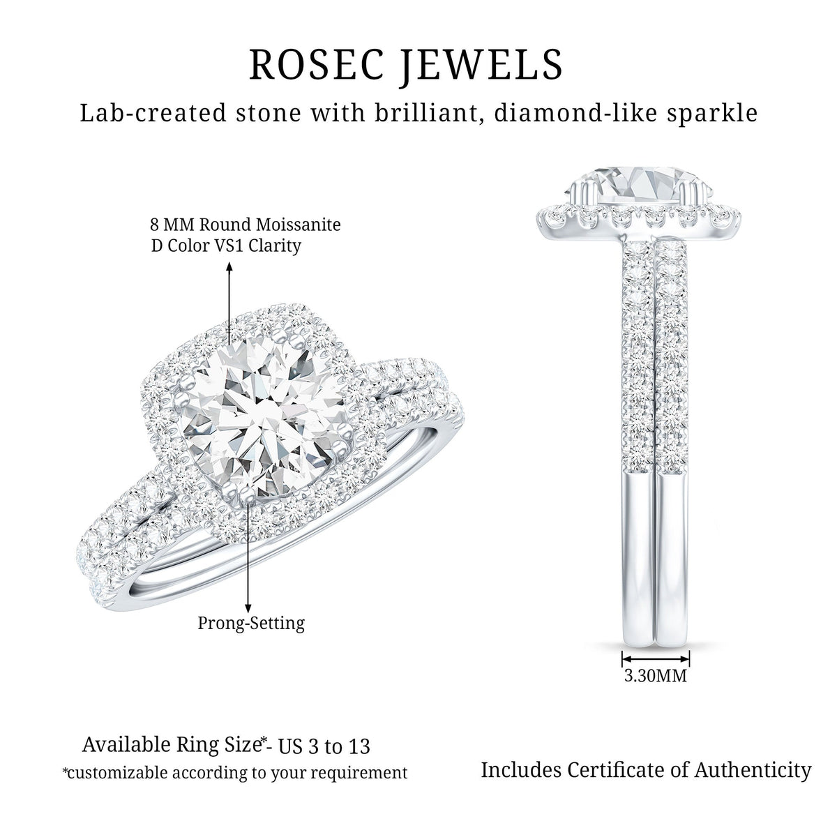 Round Certified Moissanite Wedding Ring Set with Halo