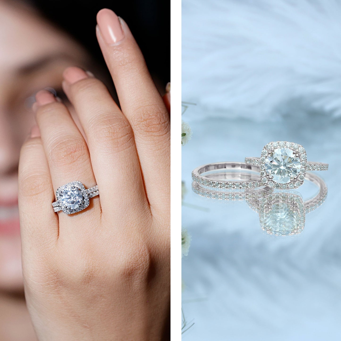 Round Certified Moissanite Wedding Ring Set with Halo