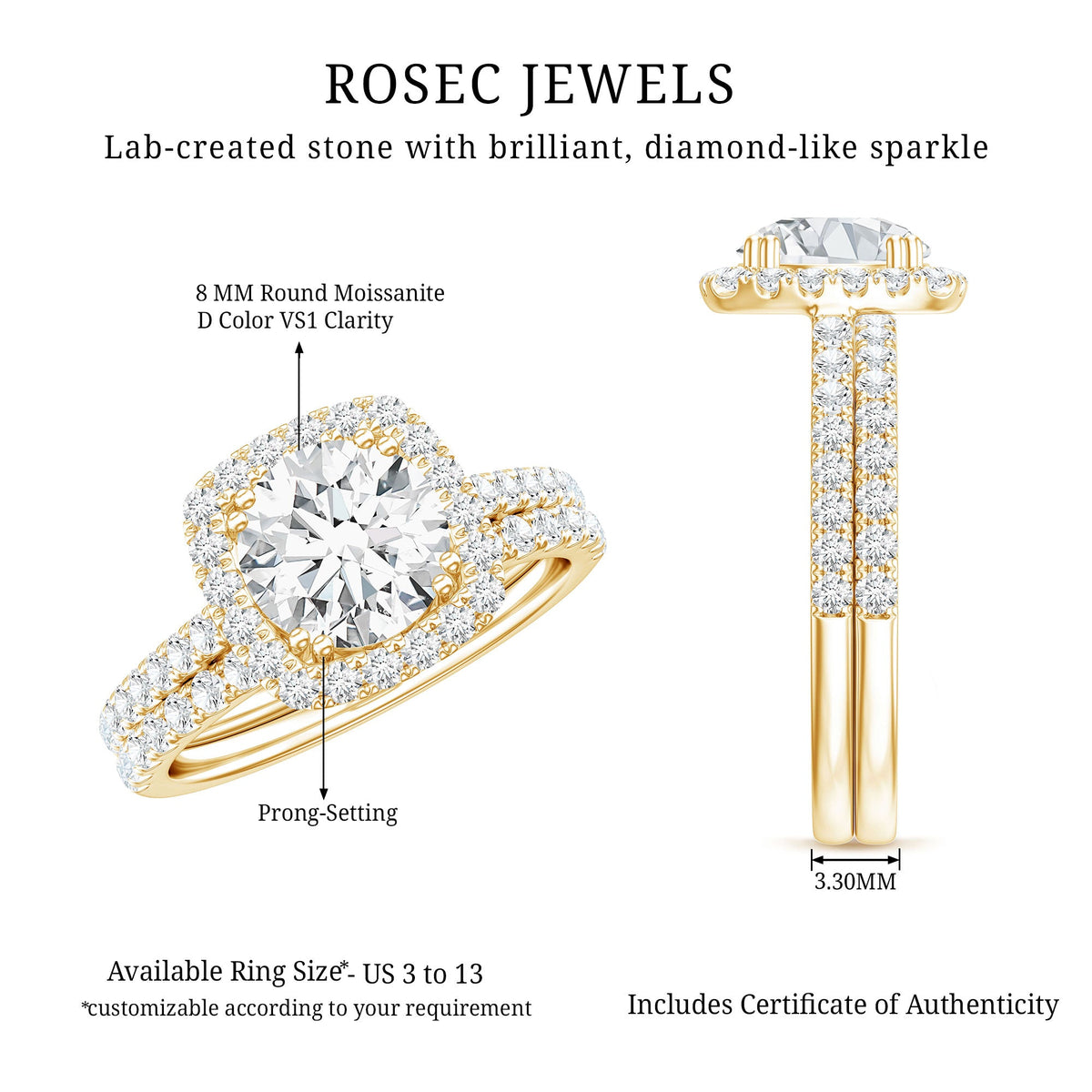 Round Certified Moissanite Wedding Ring Set with Halo