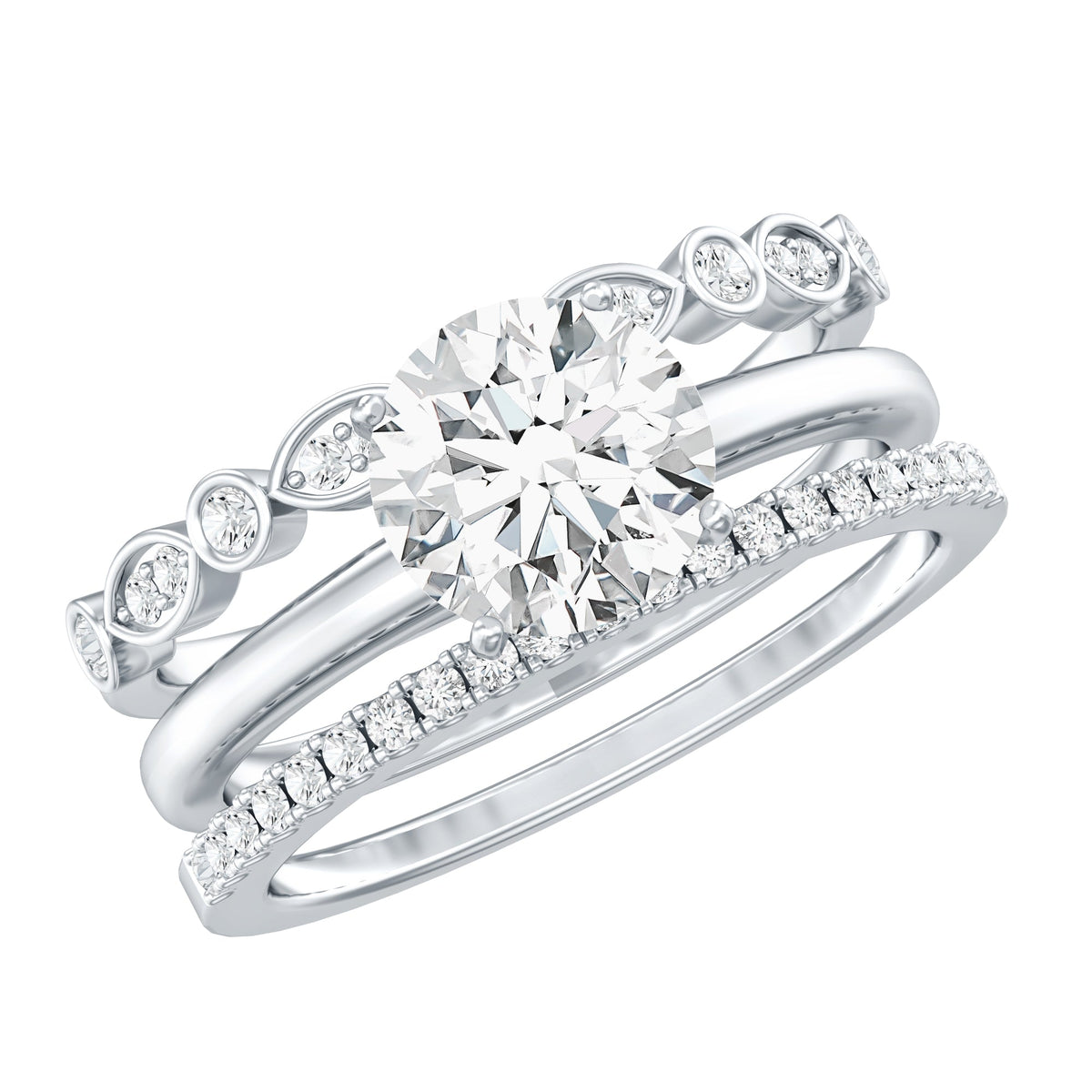 2.66 Carat Round Moissanite Solitaire Trio Wedding Ring Set