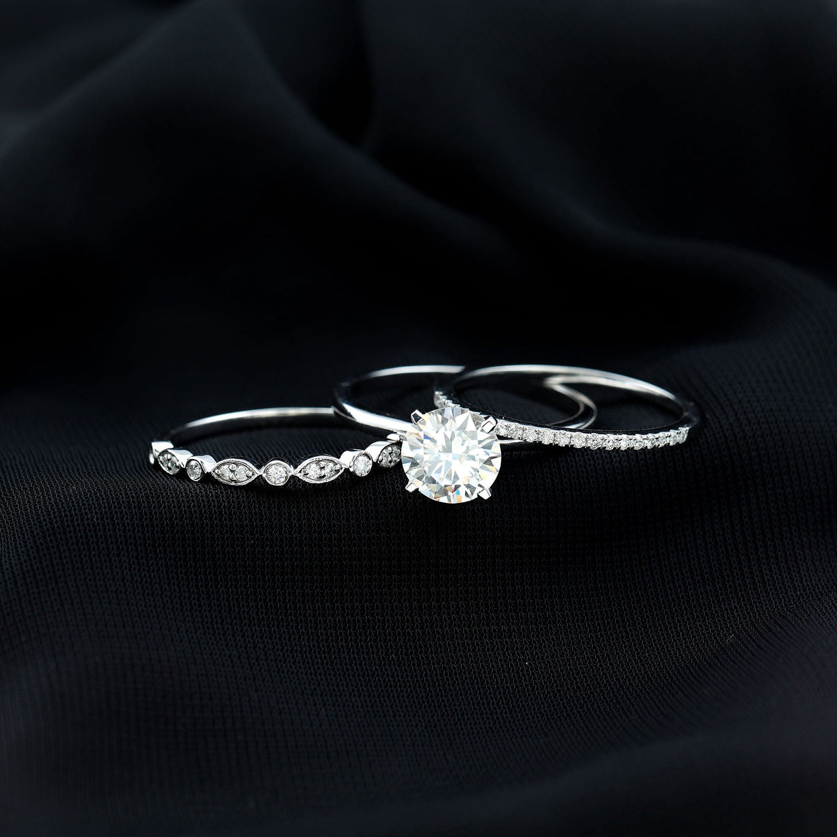 2.66 Carat Round Moissanite Solitaire Trio Wedding Ring Set