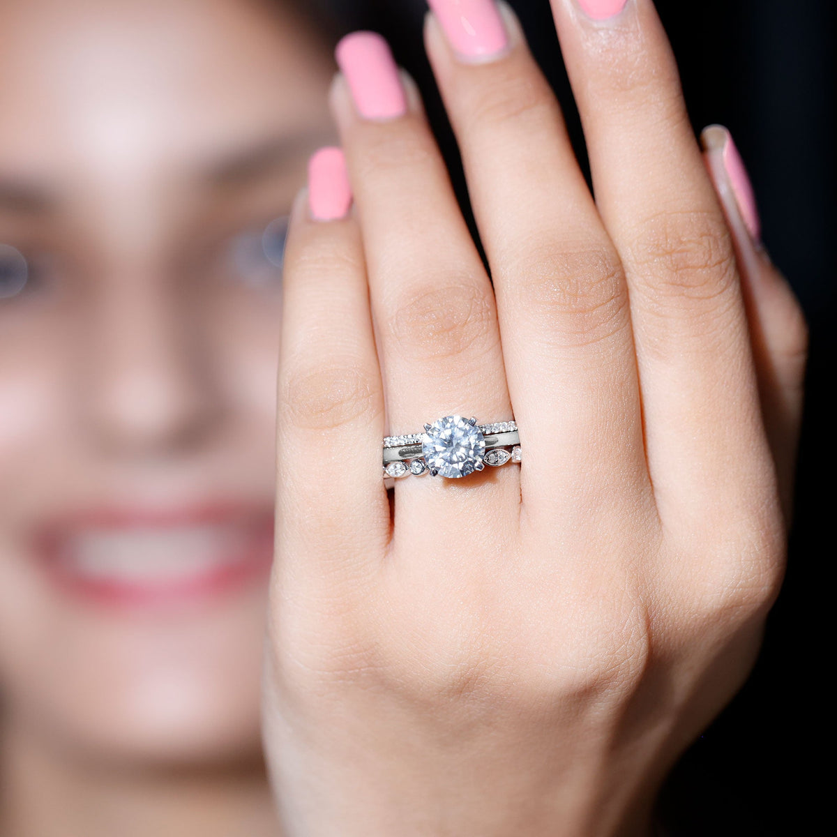 2.66 Carat Round Moissanite Solitaire Trio Wedding Ring Set