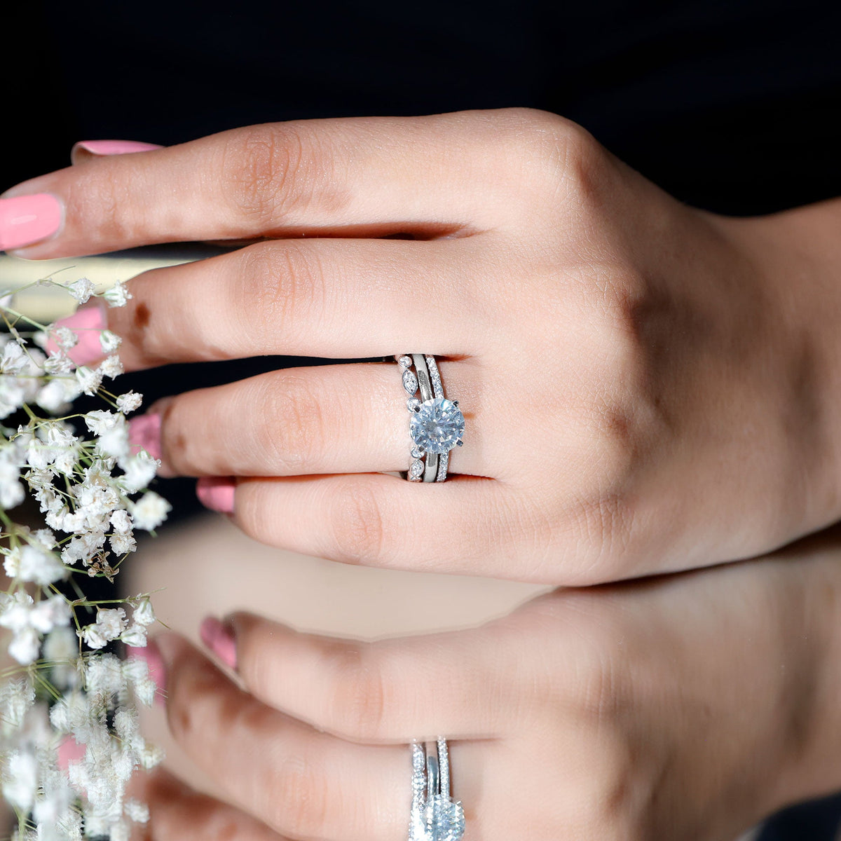 2.66 Carat Round Moissanite Solitaire Trio Wedding Ring Set