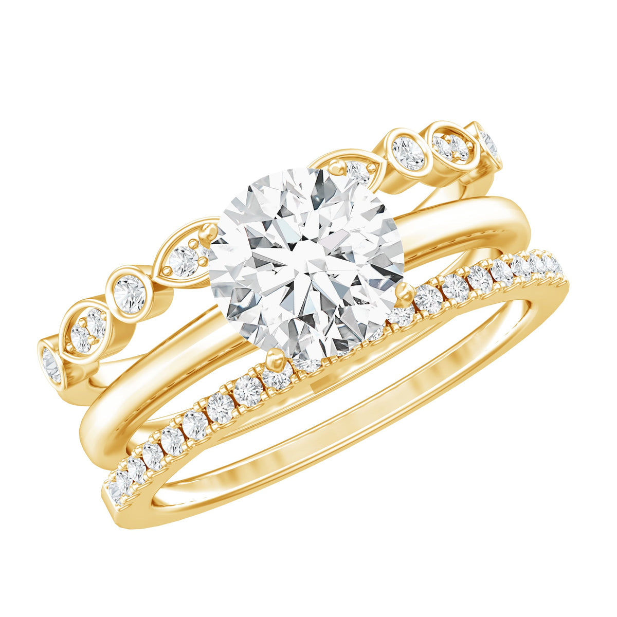 2.66 Carat Round Moissanite Solitaire Trio Wedding Ring Set