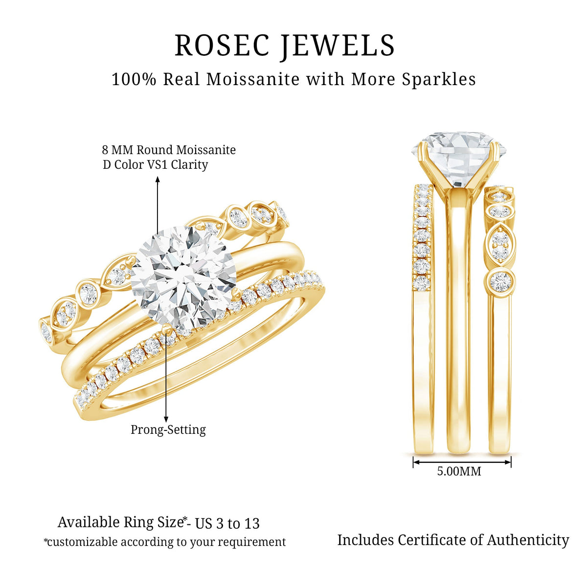 2.66 Carat Round Moissanite Solitaire Trio Wedding Ring Set