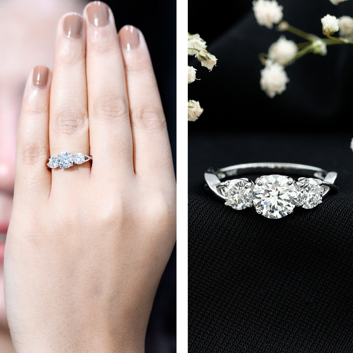 3 Stone Round Moissanite Crossover Engagement Ring