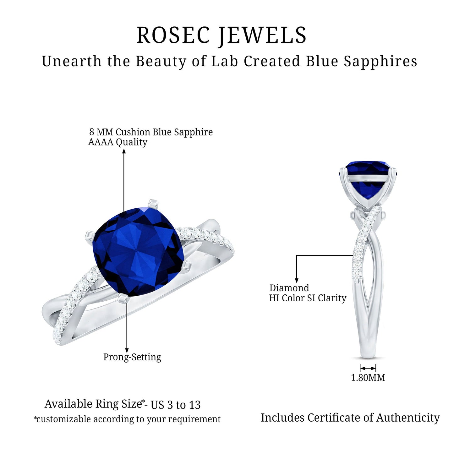 Certified 2.7 Carat Cushion Cut Lab Grown Blue Sapphire Engagement Ring with Diamond