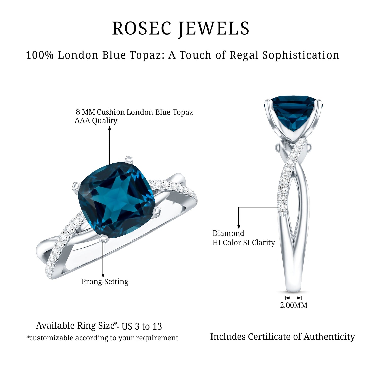 2.8 Carat Cushion Cut London Blue Topaz Solitaire Engagement Ring with Diamond Crossover Shank