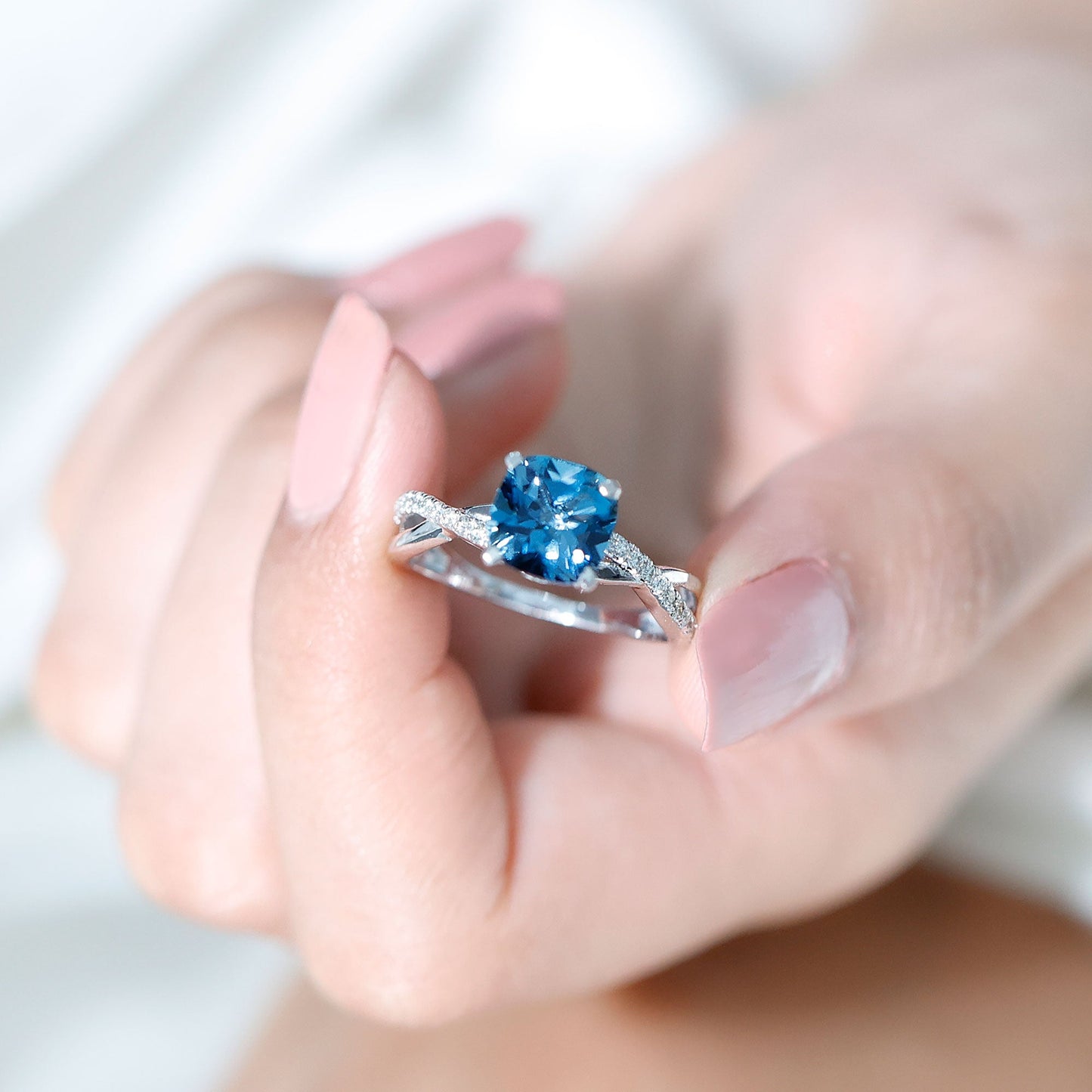 2.8 Carat Cushion Cut London Blue Topaz Solitaire Engagement Ring with Diamond Crossover Shank
