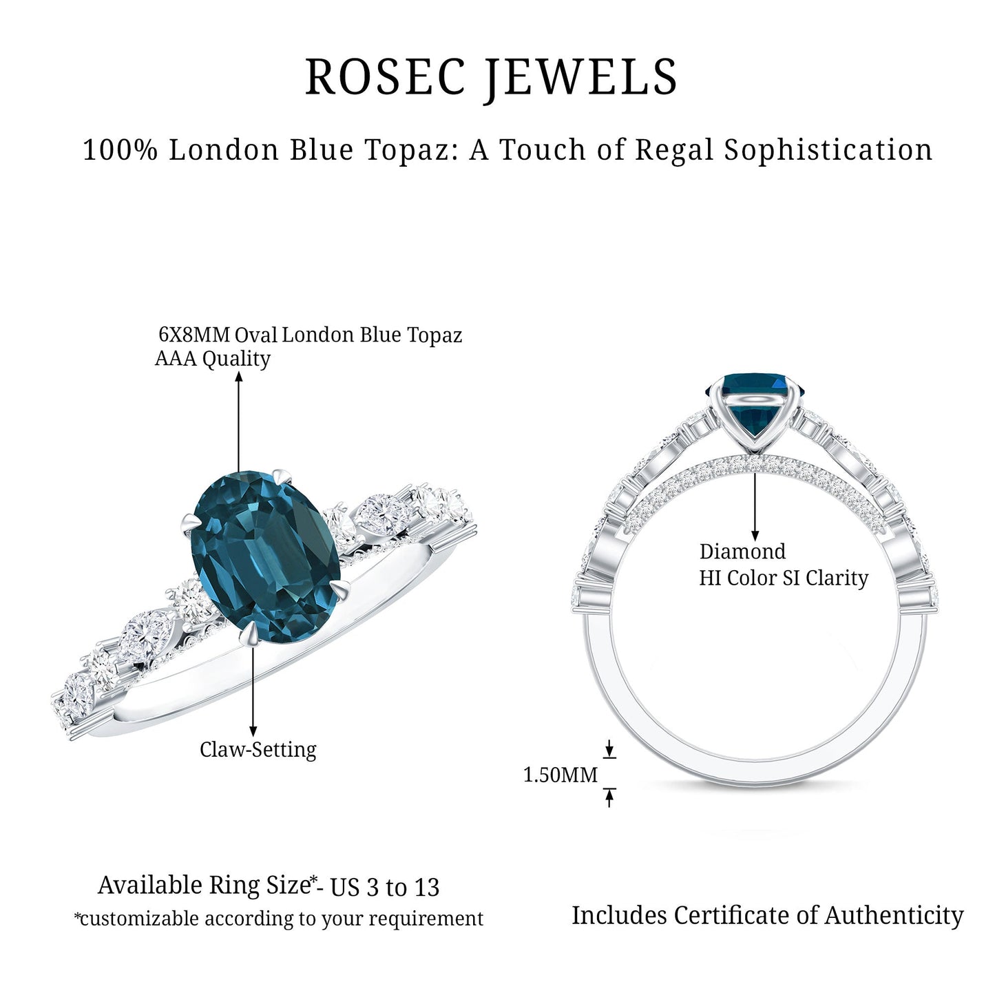 1 Carat Oval Cut London Blue Topaz Engagement Ring with Diamond Accent