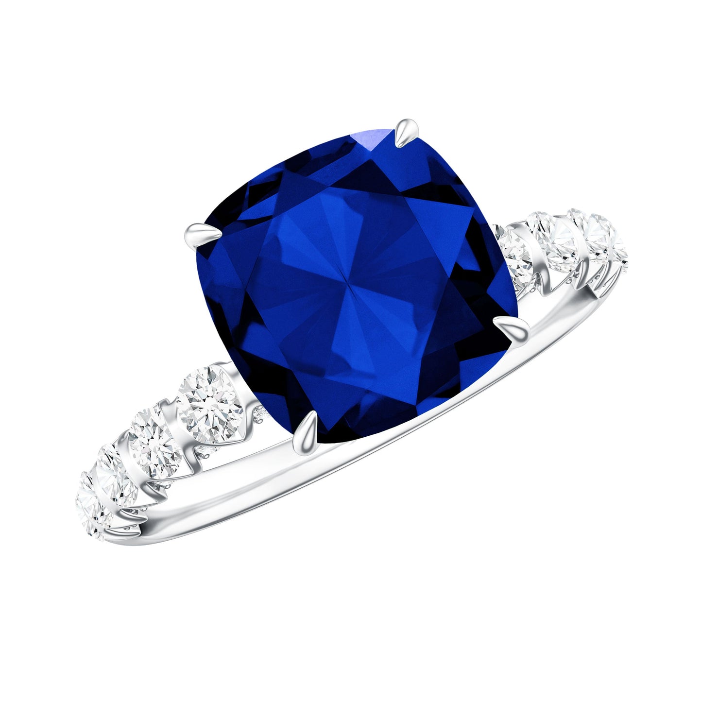 Classic 2.75 Carat Lab Grown Blue Sapphire Cushion Cut Engagement Ring with Diamond
