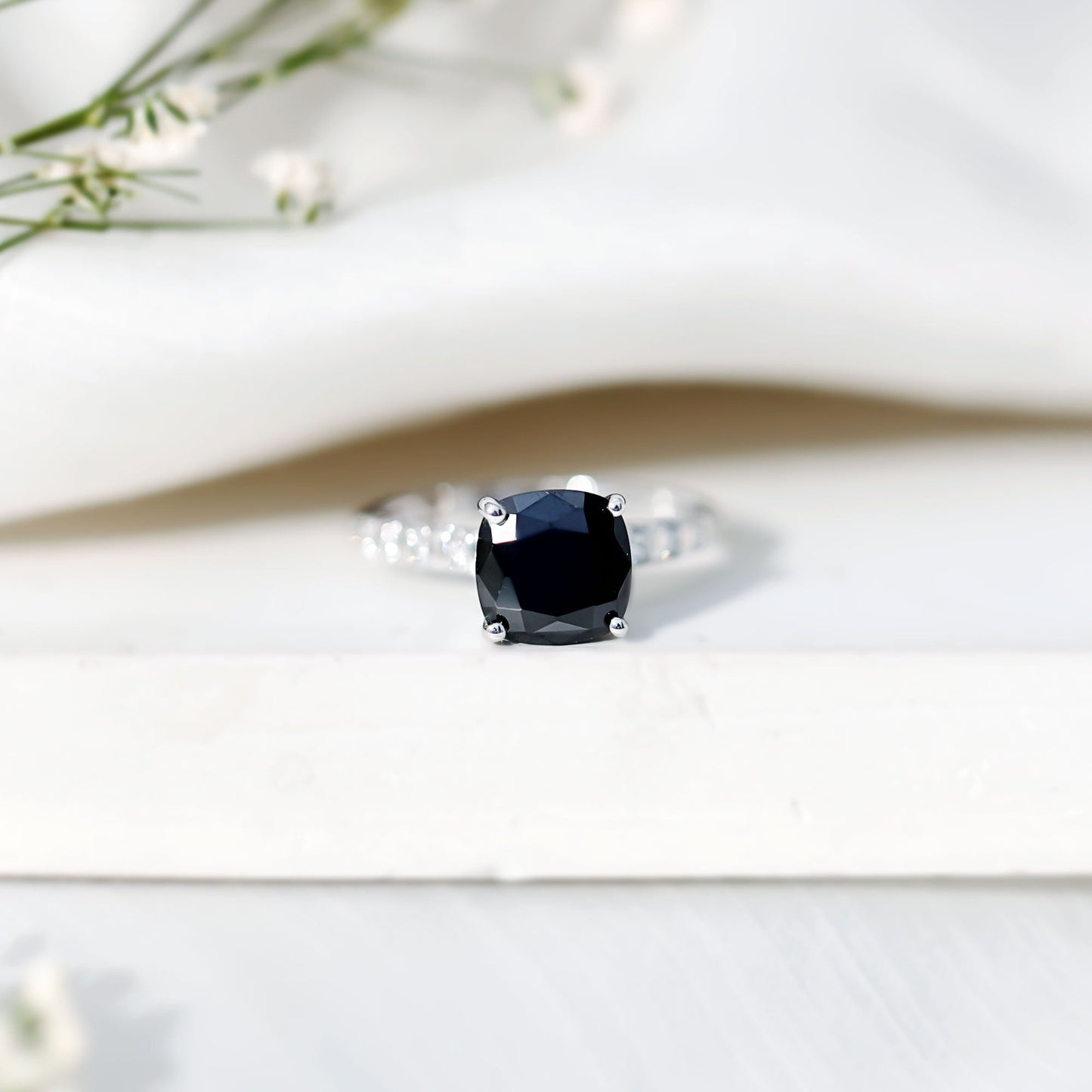 Cushion Cut Created Black Diamond and Diamond Solitaire Ring