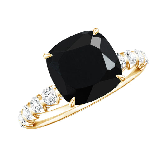 Cushion Cut Created Black Diamond and Diamond Solitaire Ring
