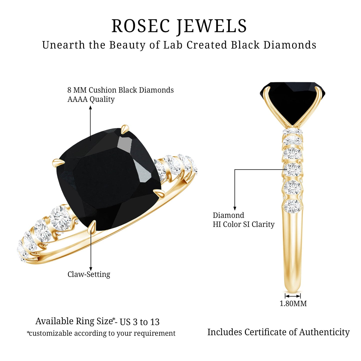 Cushion Cut Created Black Diamond and Diamond Solitaire Ring