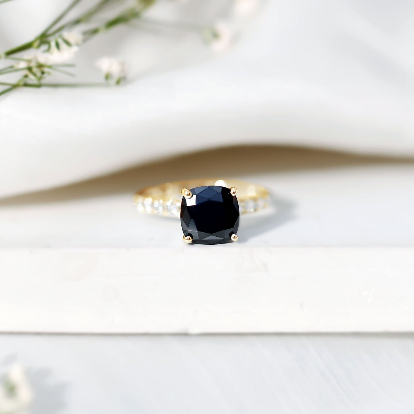 Cushion Cut Created Black Diamond and Diamond Solitaire Ring