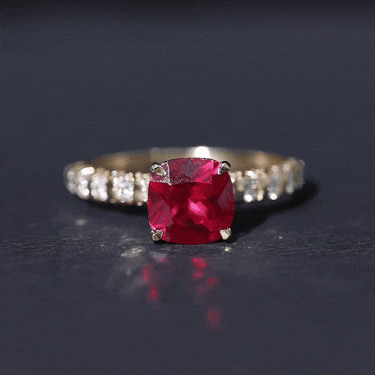 2 Carat Cushion Cut Lab Created Ruby Engagement Ring with Diamond Side Stones