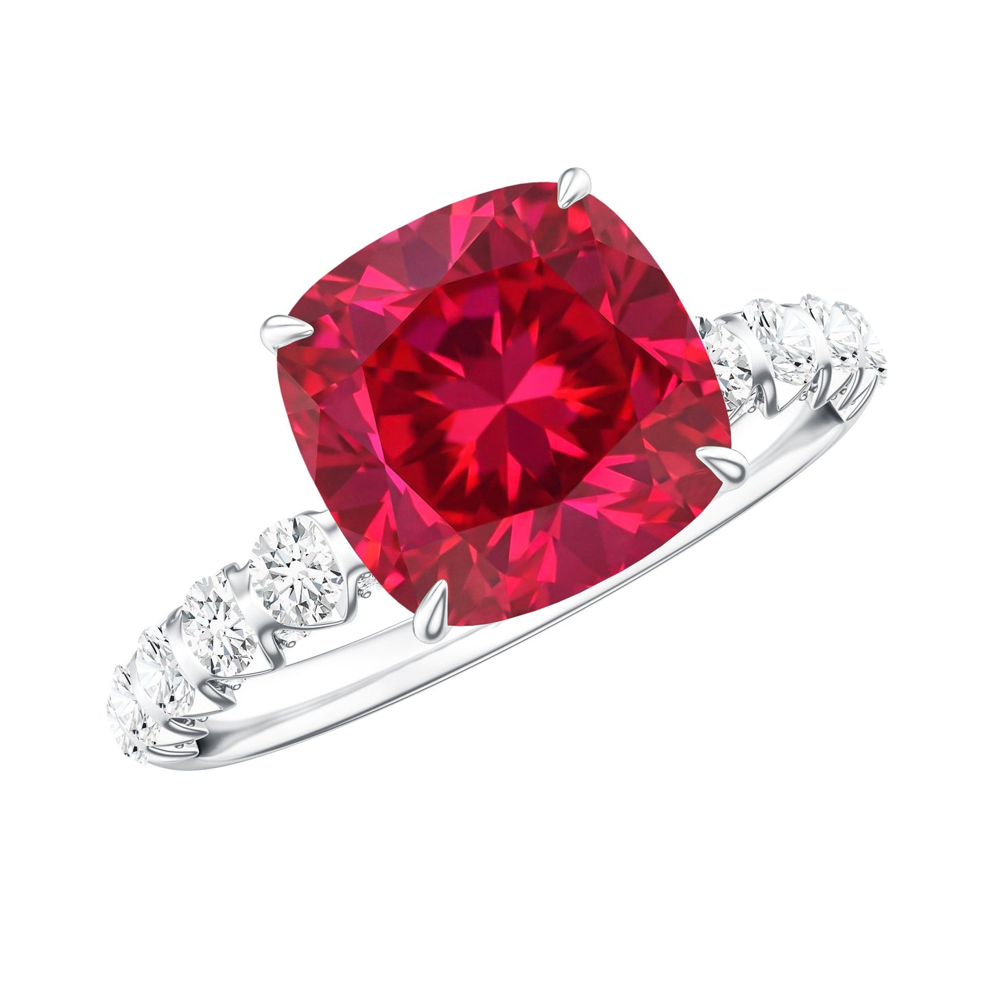 2 Carat Cushion Cut Lab Created Ruby Engagement Ring with Diamond Side Stones