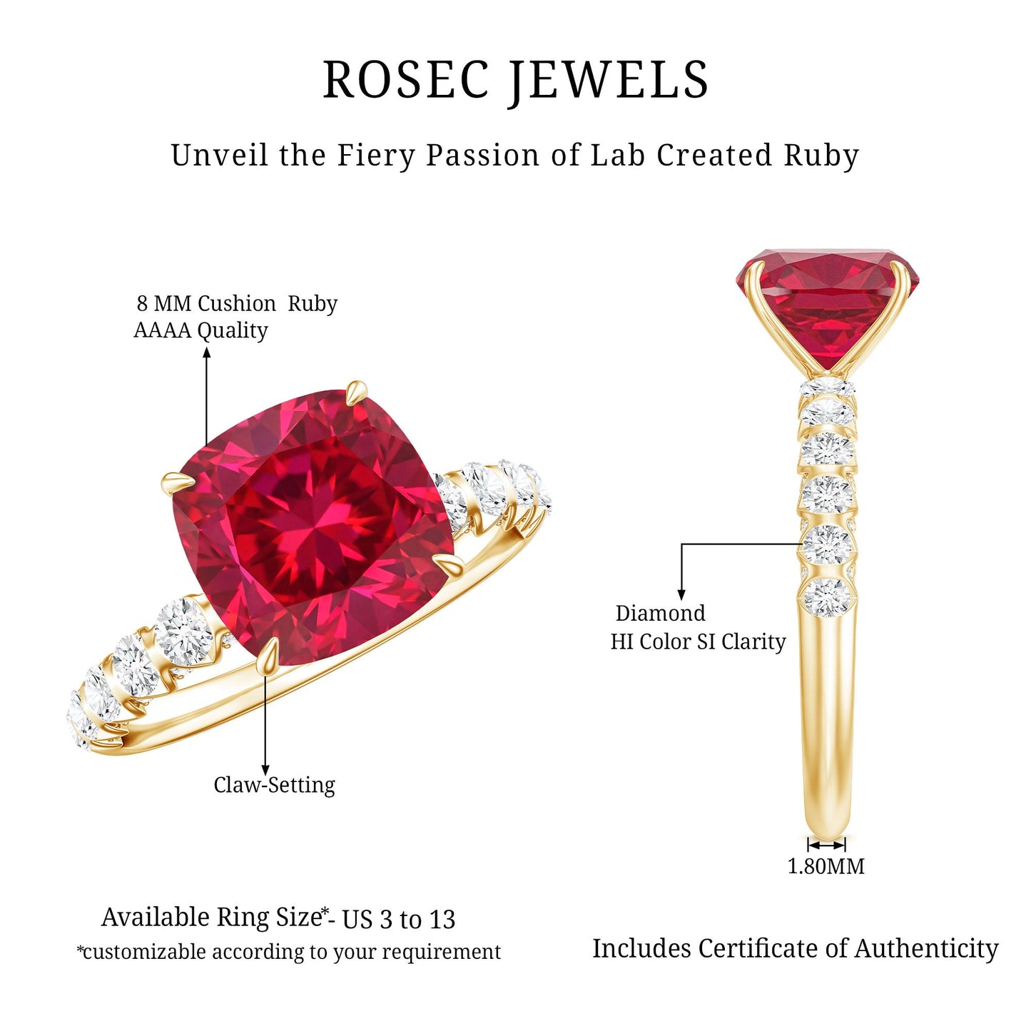 2 Carat Cushion Cut Lab Created Ruby Engagement Ring with Diamond Side Stones