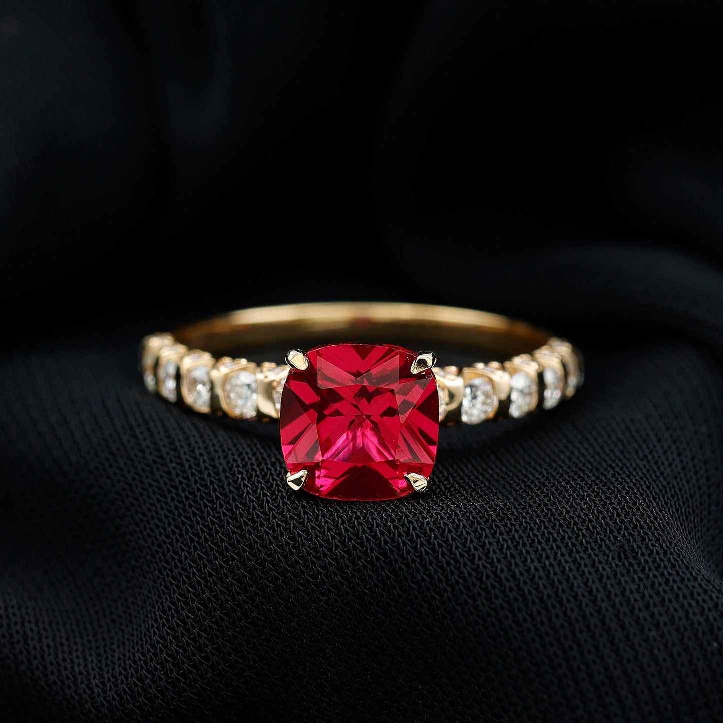 2 Carat Cushion Cut Lab Created Ruby Engagement Ring with Diamond Side Stones
