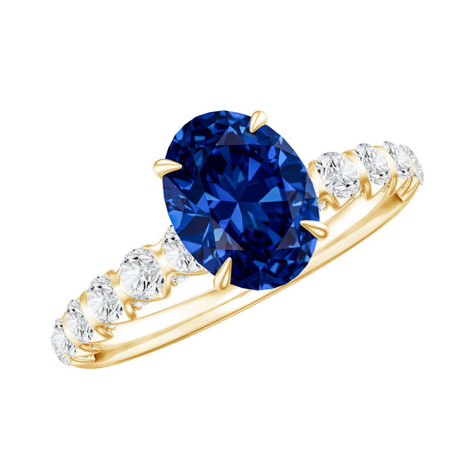 Certified 1.5 Carat Oval Lab Grown Blue Sapphire Engagement Ring with Diamond