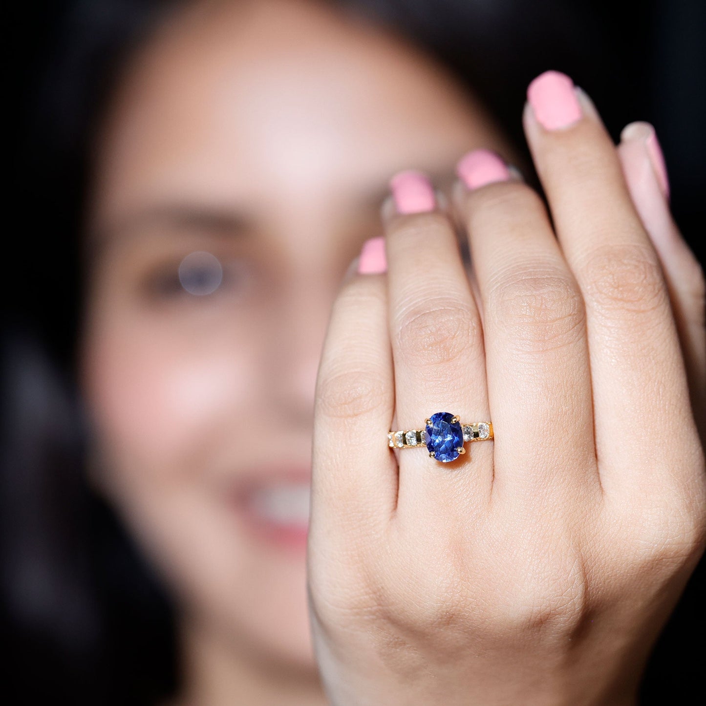 Certified 1.5 Carat Oval Lab Grown Blue Sapphire Engagement Ring with Diamond