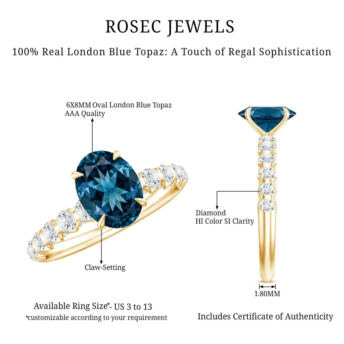 1 Carat Oval Cut London Blue Topaz Solitaire Engagement Ring with Diamond Side Stones