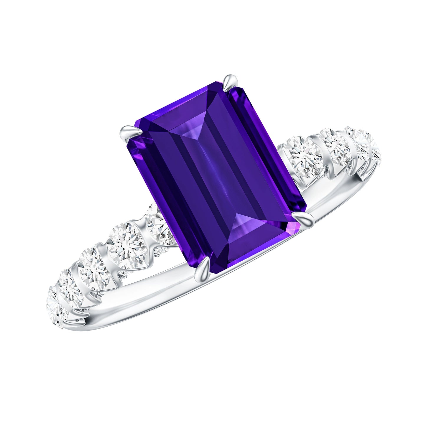 Real 1.4 Carat Amethyst Emerald Cut Engagement Ring with Diamond
