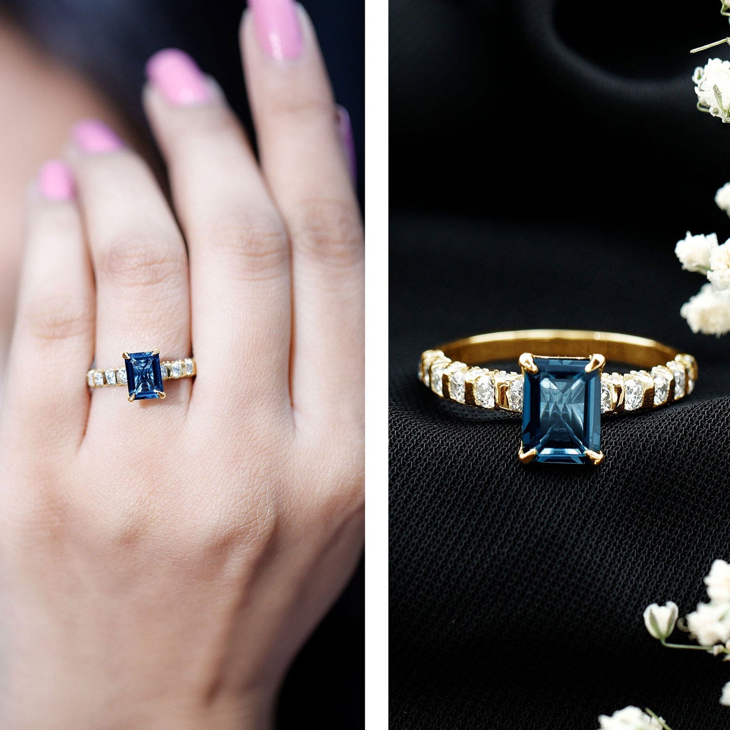2.25 Carat Emerald Cut London Blue Topaz Engagement Ring with Diamond Side Stones