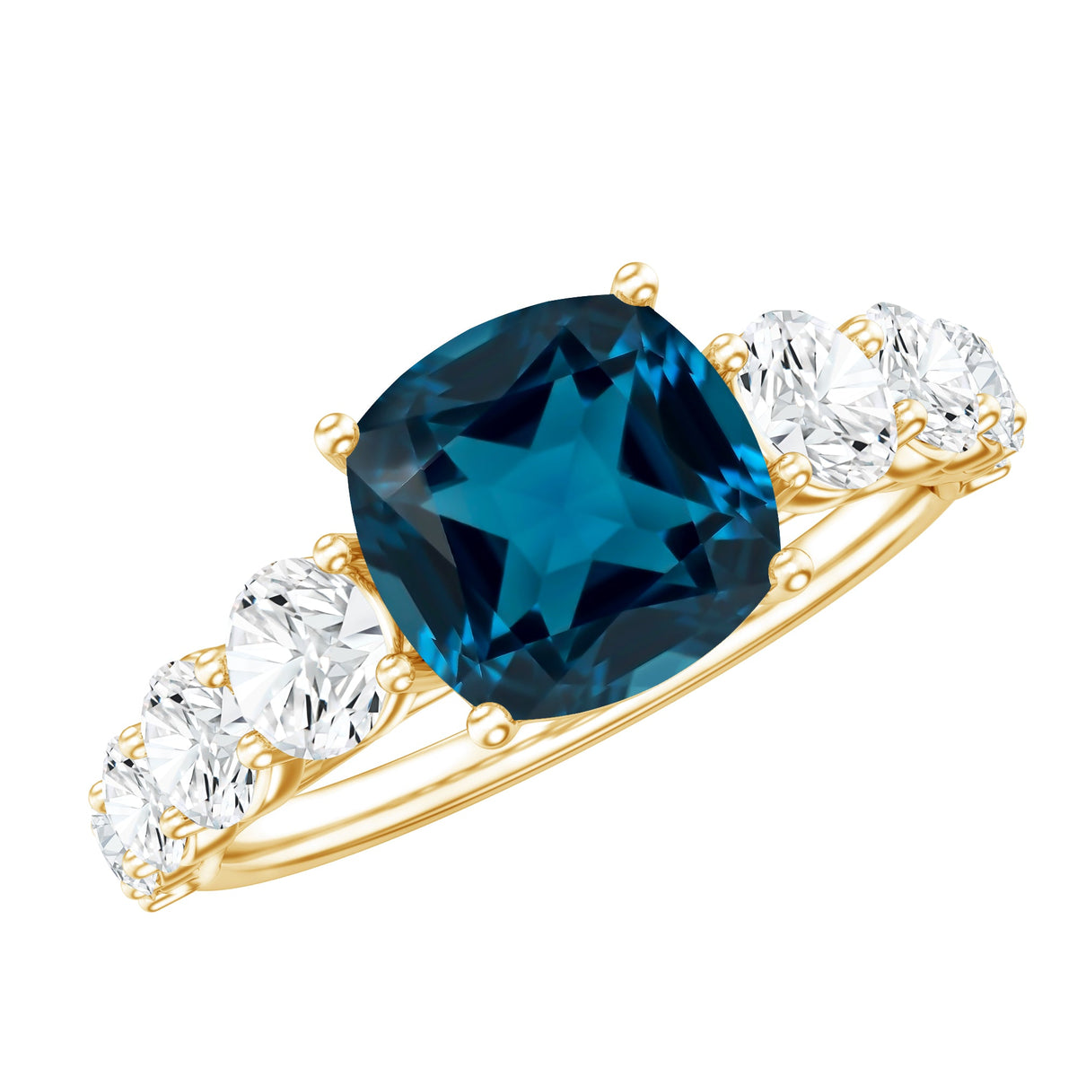 2.8 Carat Cushion Cut London Blue Topaz Solitaire Engagement Ring with Moissanite Side Stones