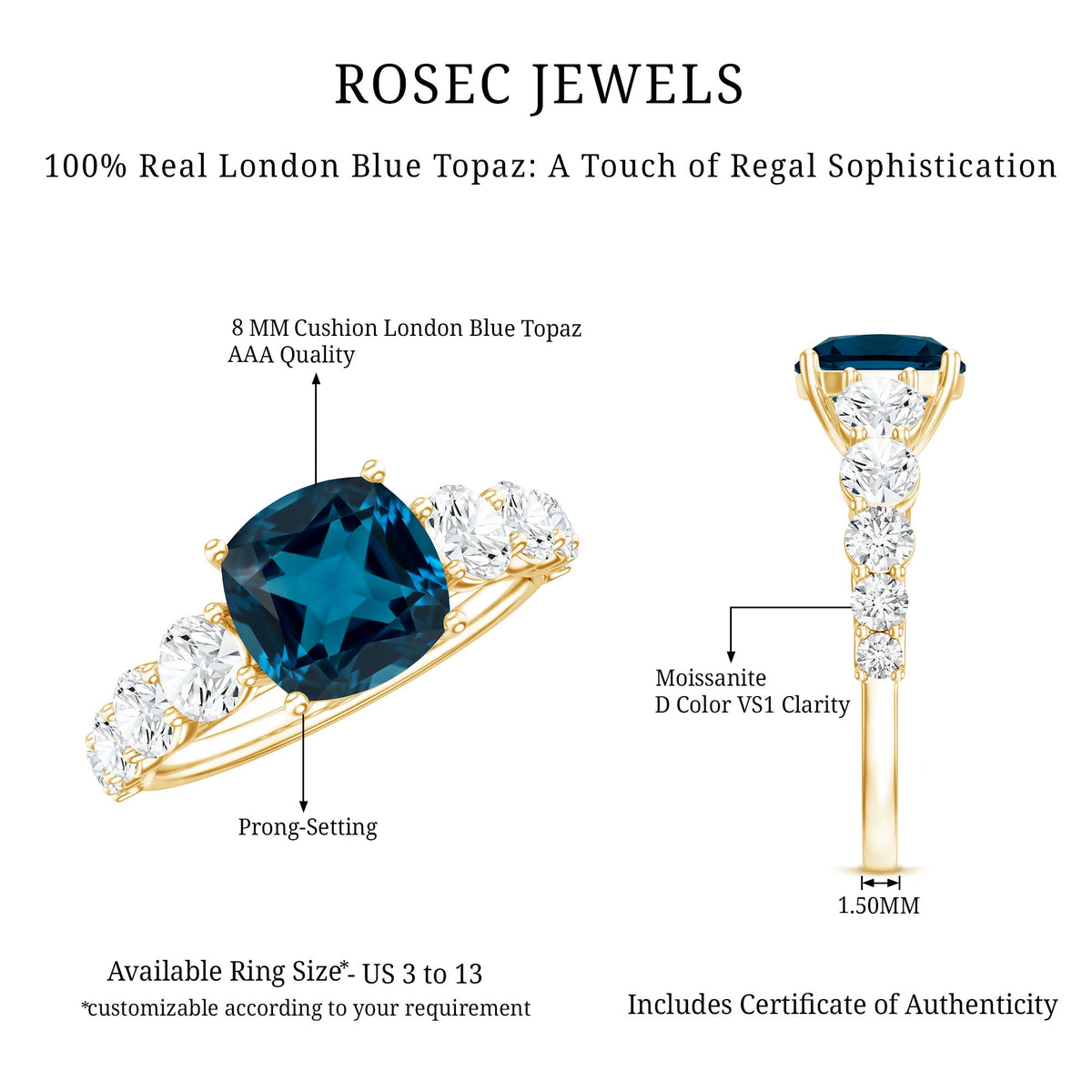 2.8 Carat Cushion Cut London Blue Topaz Solitaire Engagement Ring with Moissanite Side Stones