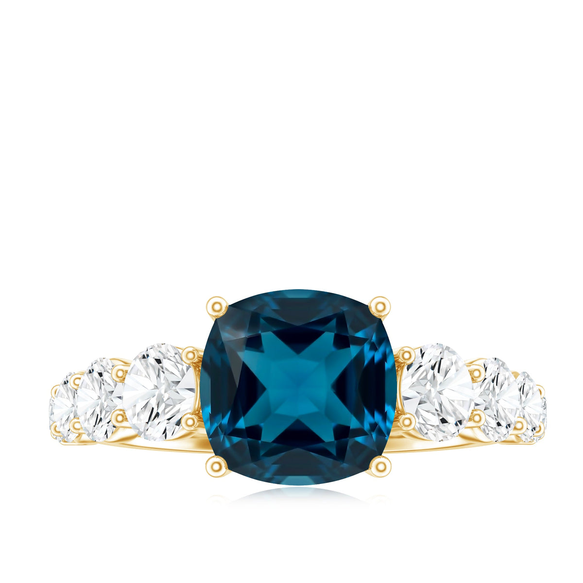 2.8 Carat Cushion Cut London Blue Topaz Solitaire Engagement Ring with Moissanite Side Stones