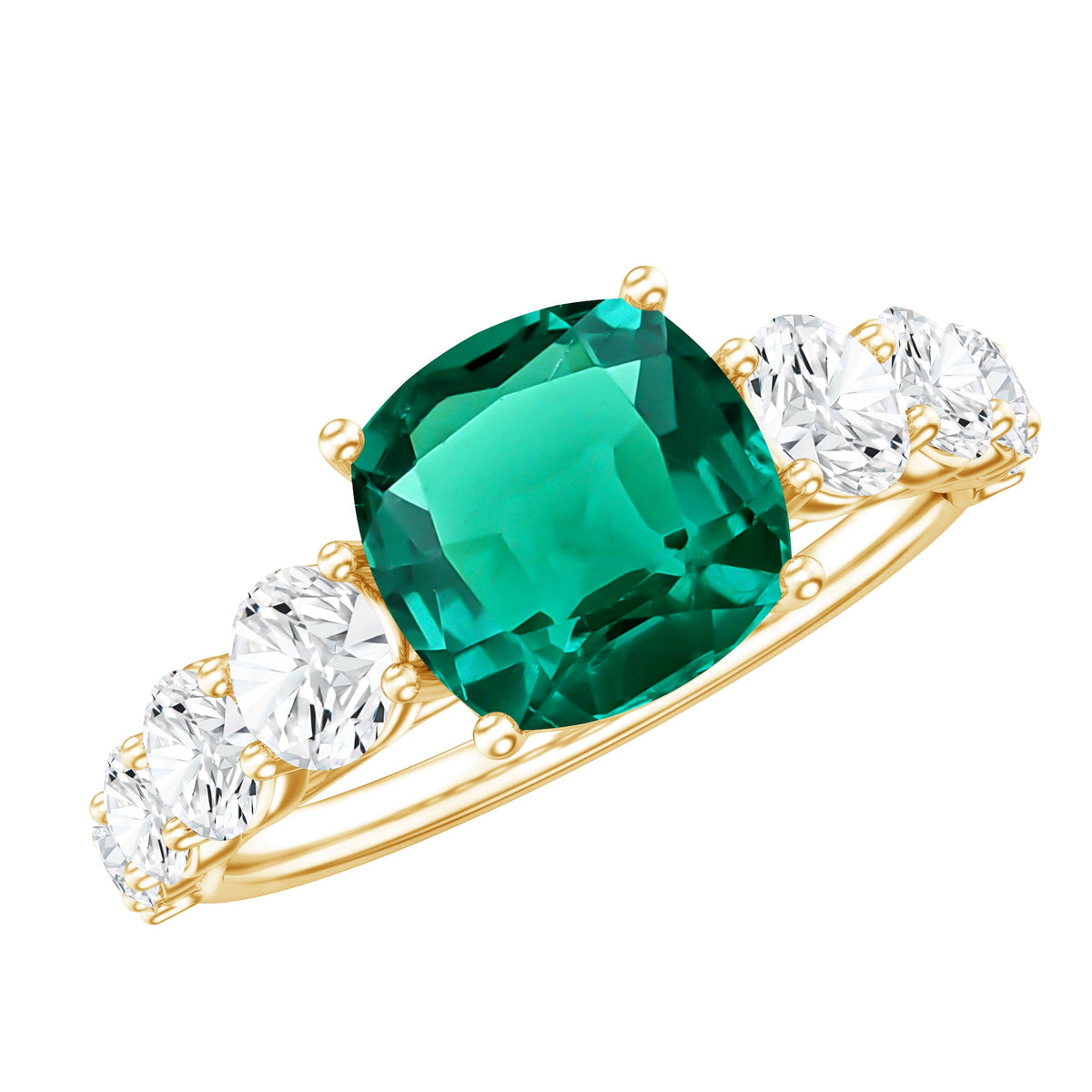 Lab Grown Emerald 2 Carat Cushion Engagement Ring with Moissanite Side Stones