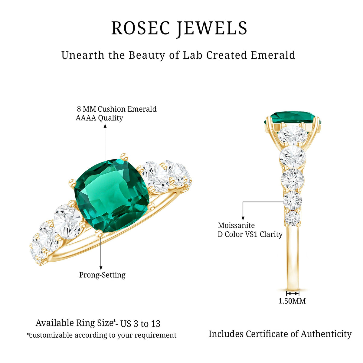 Lab Grown Emerald 2 Carat Cushion Engagement Ring with Moissanite Side Stones