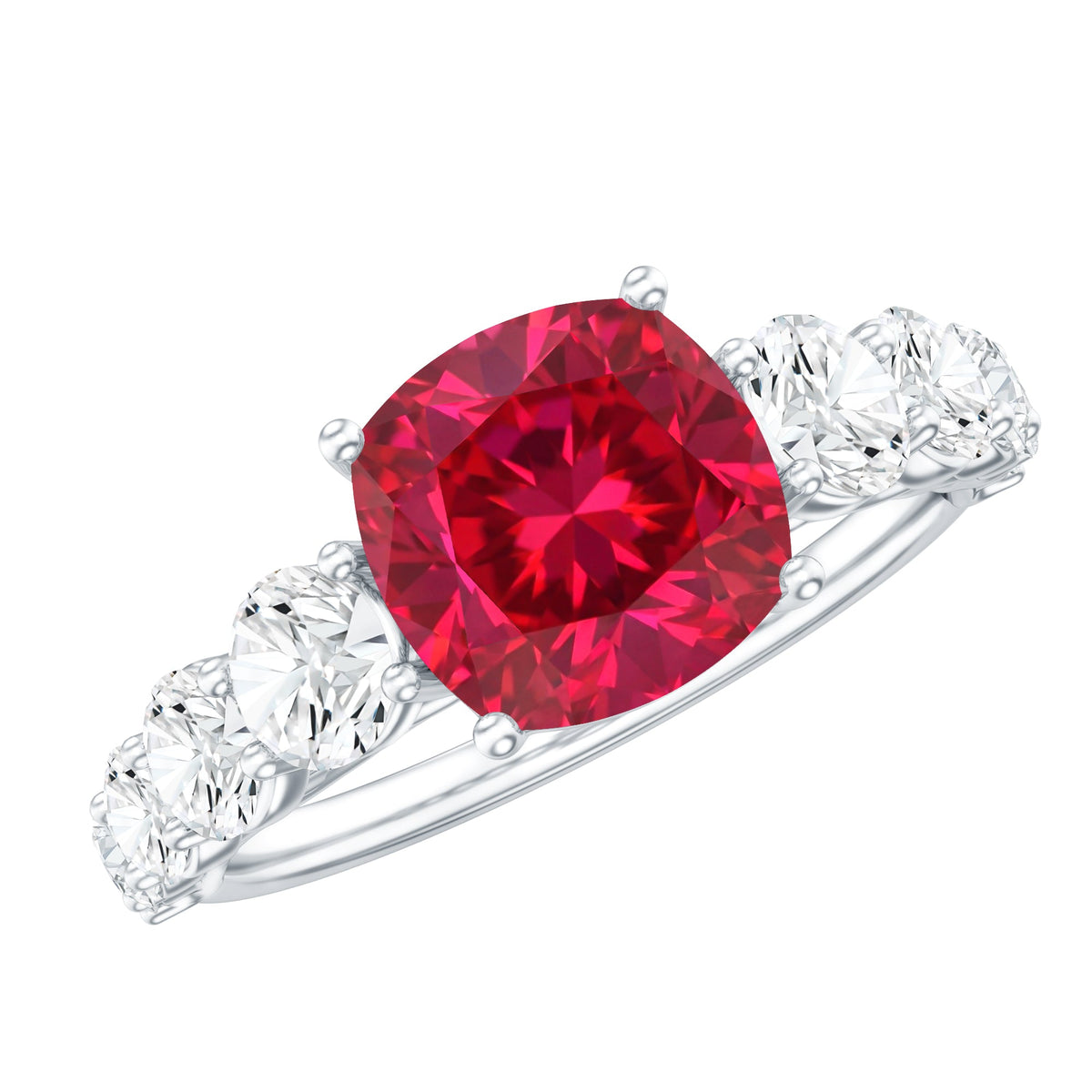 2 Carat Cushion Cut Lab Created Ruby Engagement Ring with Side Stones